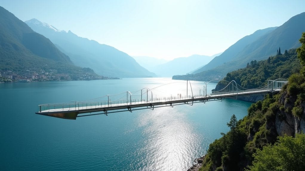 suspended walkway over lake